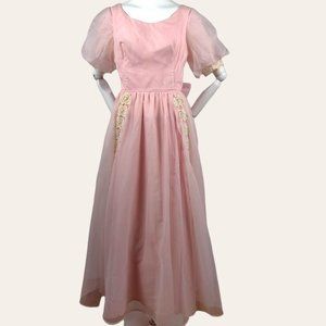 Vintage 1960s Sheer Pink Party Dress Prom Dress MOD MCM Puff Sleeves Lace Prince